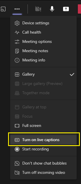 For Microsoft Teams live transcription settings